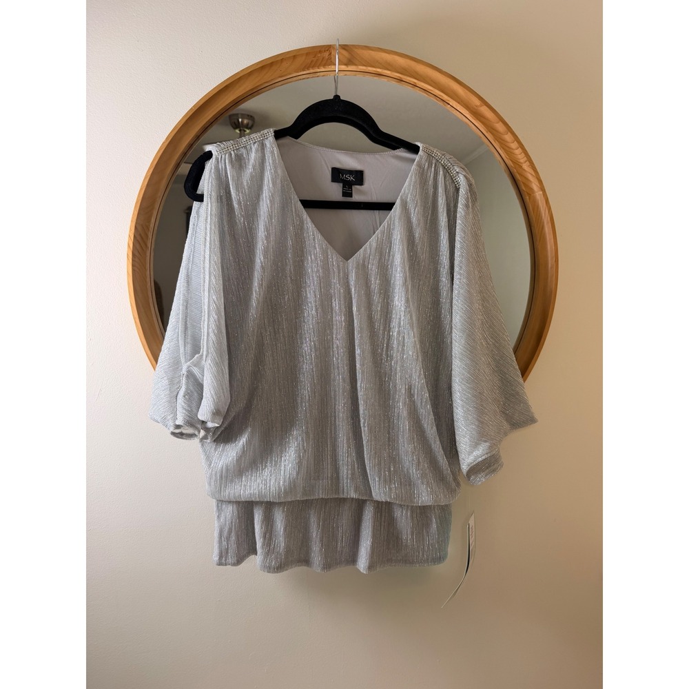 MSK Light Silver Shimmery V-Neck Blouse